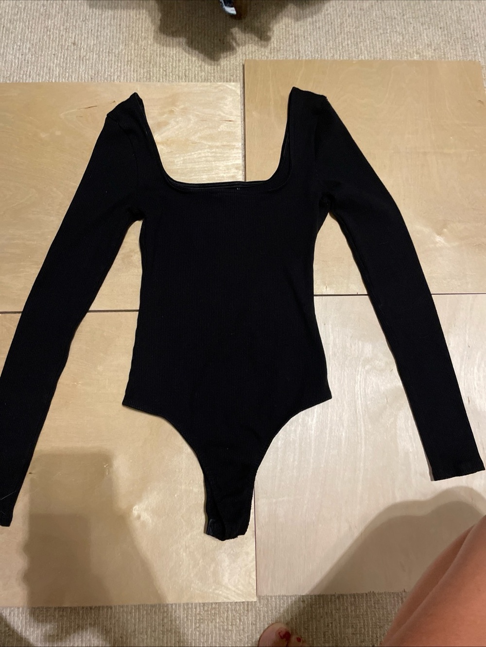 Altar'd State Black Long-Sleeve Ribbed Square Neck Bodysuit